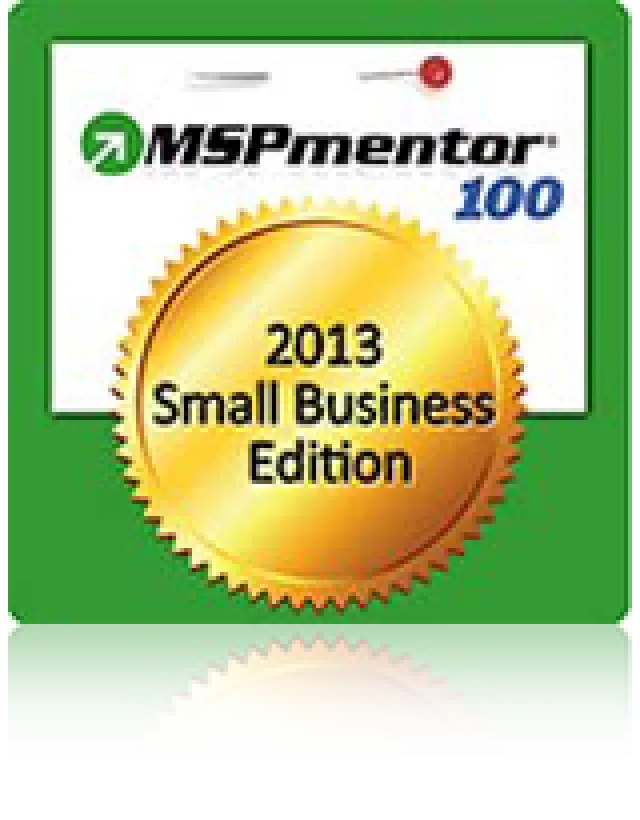 MSPmentor 100 2013 Small Business Edition award gold badge on green background.