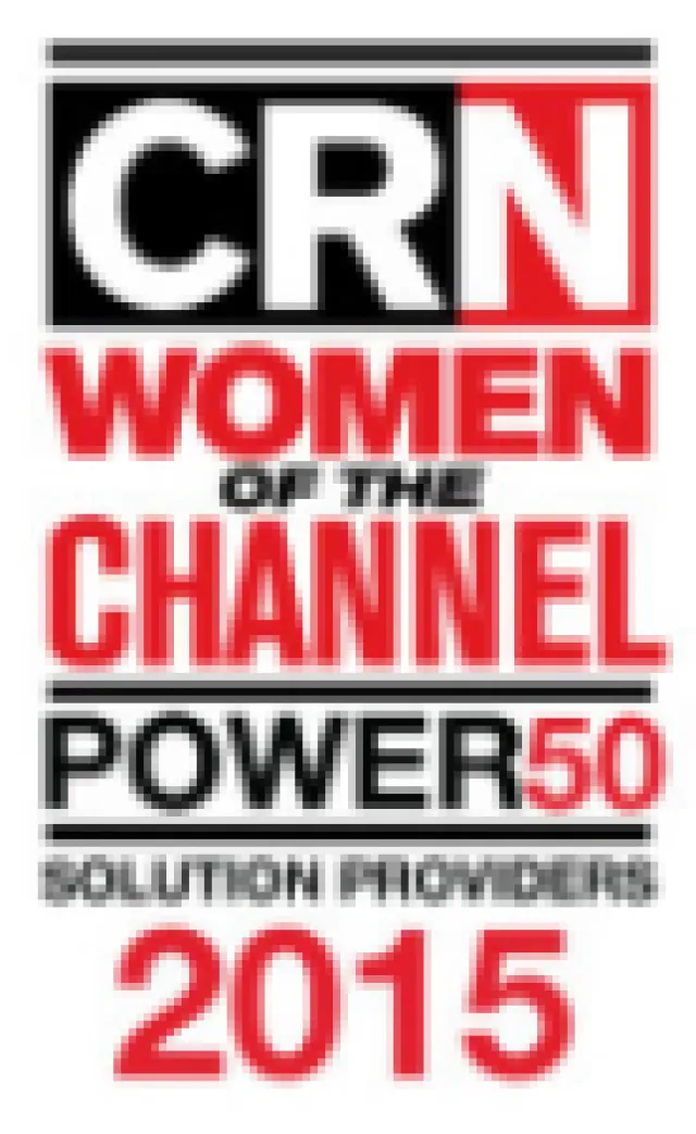 CRN Women of the Channel Power 50 Solution Pioneers 2015 logo in red, black, and white colors