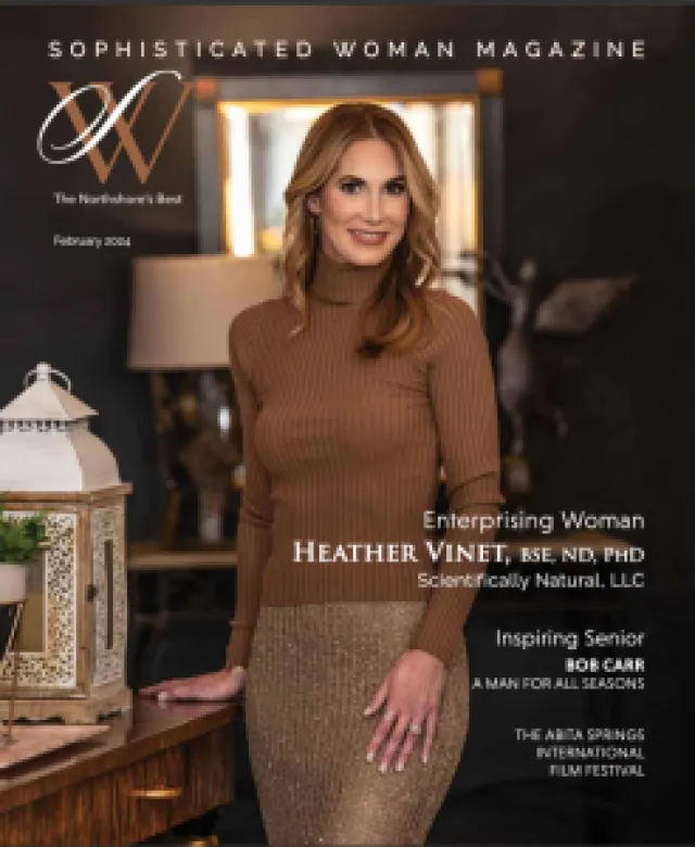 Woman in brown sweater and skirt posing indoors on Sophisticated Woman Magazine cover, February 2024 edition.