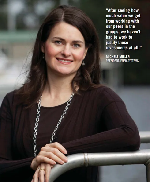 Smiling woman with brown hair and necklace leaning on metal railing outdoors with testimonial quote on right.