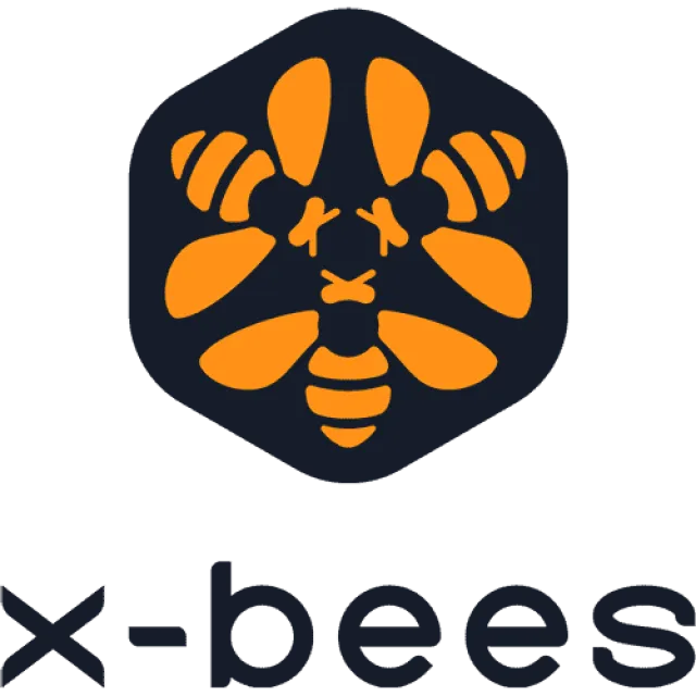 Orange stylized bee logo with crossed eyes inside a dark hexagonal shape above x-bees text