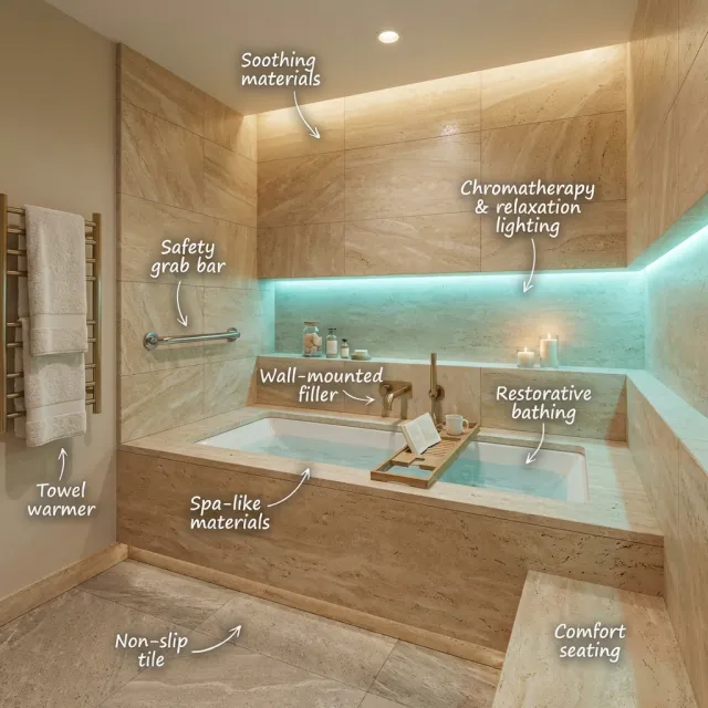 Modern bathroom with spa-like tub, soothing materials, chromatherapy lighting, safety grab bar, and towel warmer.