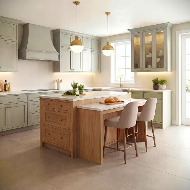 Modern kitchen with light gray cabinets, wooden island, pendant lights, and two beige bar stools near window.