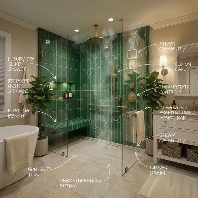 Modern luxury spa-like bathroom with green tile shower, floating bench, steam features, and gold fixtures.