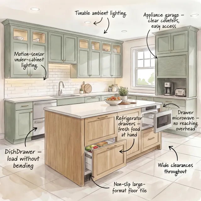 Modern kitchen with tunable lighting, appliance garage, drawer microwave, refrigerator drawers, and wide clearances