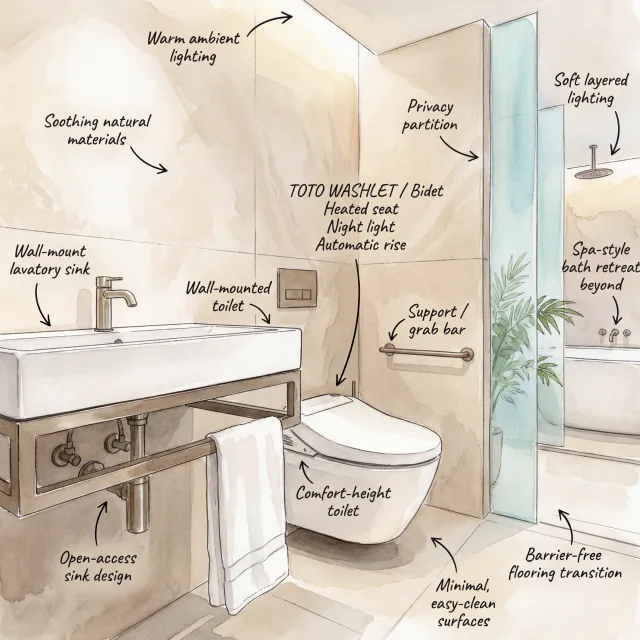 Modern bathroom design with wall-mounted toilet, open-access sink, comfort-height toilet, and spa-style bath retreat.