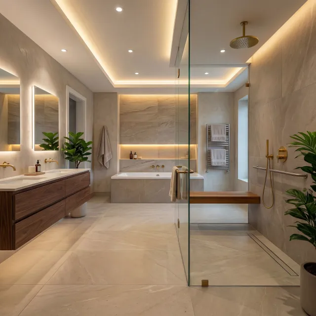 Modern bathroom with glass shower, wooden vanity, bathtub, warm LED lighting, and indoor plants in neutral tones.