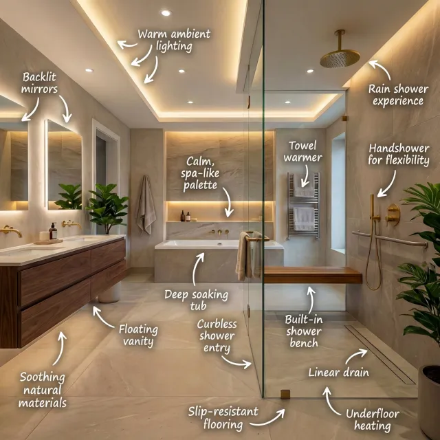 Modern spa-inspired bathroom with floating vanity, deep tub, rain shower, warm lighting, and natural materials.