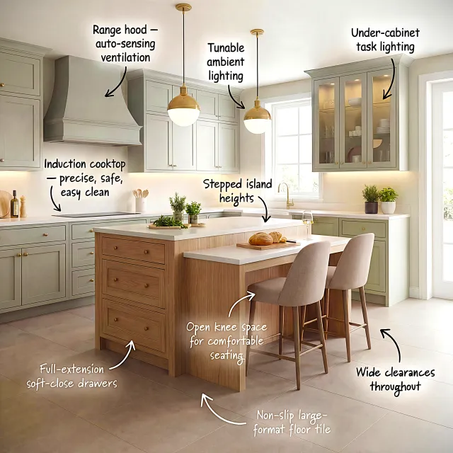 Modern kitchen with induction cooktop, stepped island, ambient lighting, soft-close drawers, and spacious seating area.
