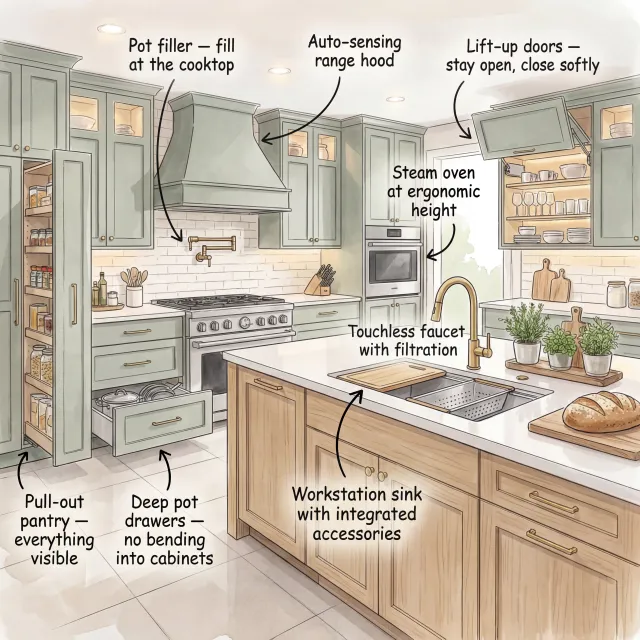 Modern kitchen with ergonomic steam oven, auto-sensing range hood, pull-out pantry, and touchless faucet with filtration.