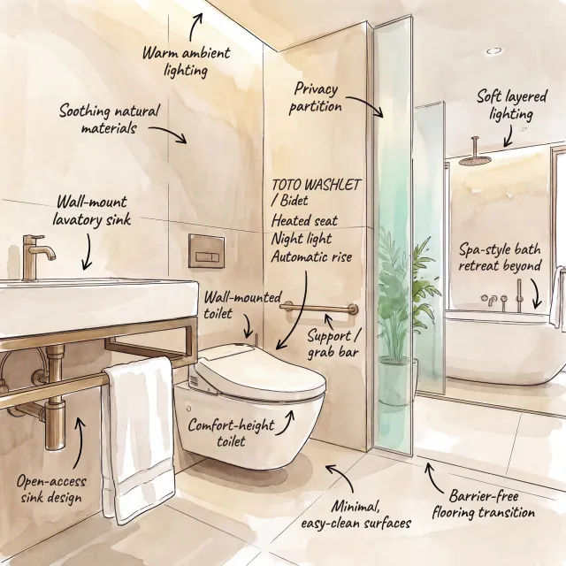 Modern bathroom with wall-mounted toilet, sink, privacy partition, spa-style bath, and warm ambient lighting.