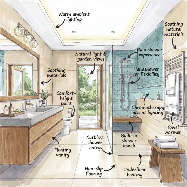 Modern bathroom with comfort-height toilet, floating vanity, curbless shower, natural light, and soothing materials.