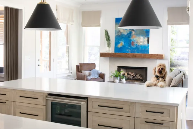 Modern kitchen island with a dog sitting on a chair, fireplace, abstract art, and pendant lights in bright living space