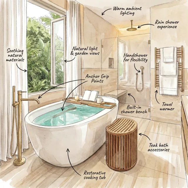 Modern bathroom with a soaking tub, teak accessories, shower bench, towel warmer, and natural garden views.