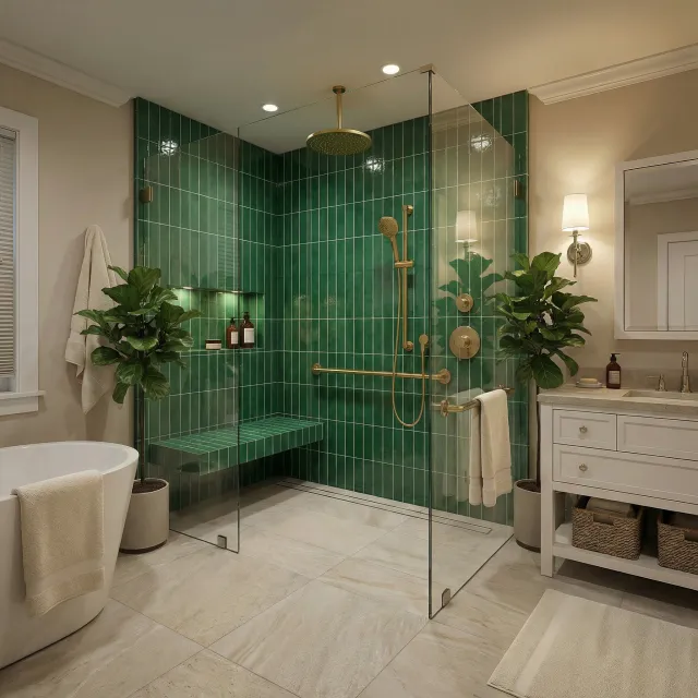 Modern bathroom with green tiled walk-in shower, gold fixtures, freestanding tub, and white vanity with plants