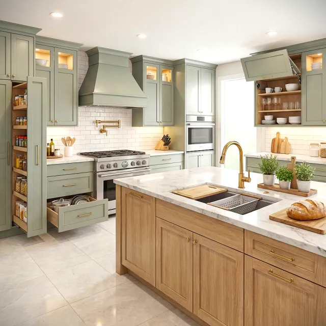 Modern kitchen with green cabinets, wood island with marble countertop, gold fixtures, and open pantry storage.