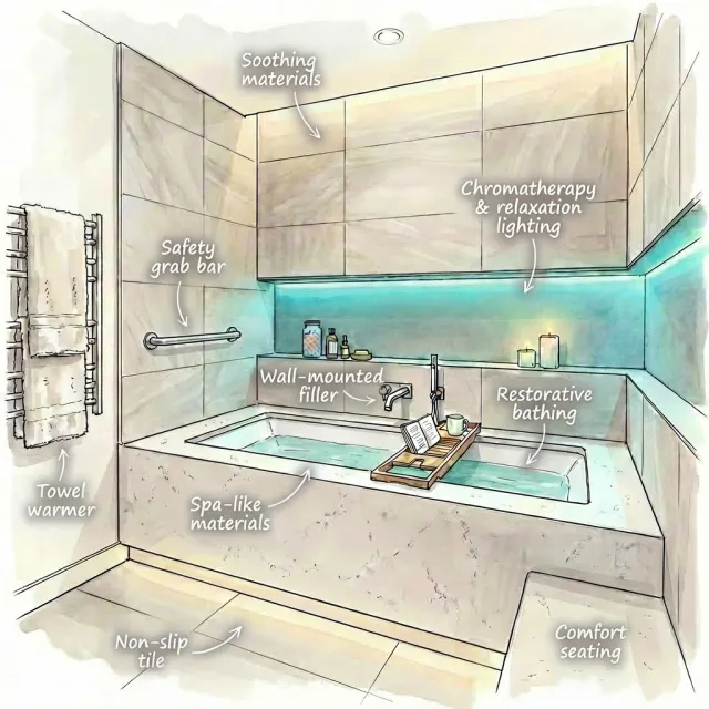 Modern bathroom with a bathtub featuring chromatherapy lighting, spa materials, safety grab bar, and comfort seating.
