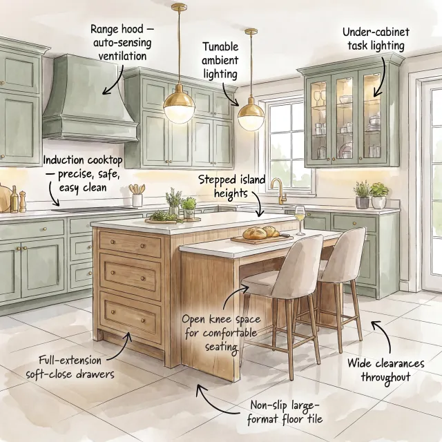 Modern kitchen with stepped island, induction cooktop, range hood, pendant lighting, and soft-close drawers.