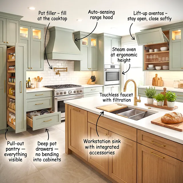 Modern kitchen with pull-out pantry, pot filler, auto-sensing range hood, steam oven, touchless faucet, and workstation sink.