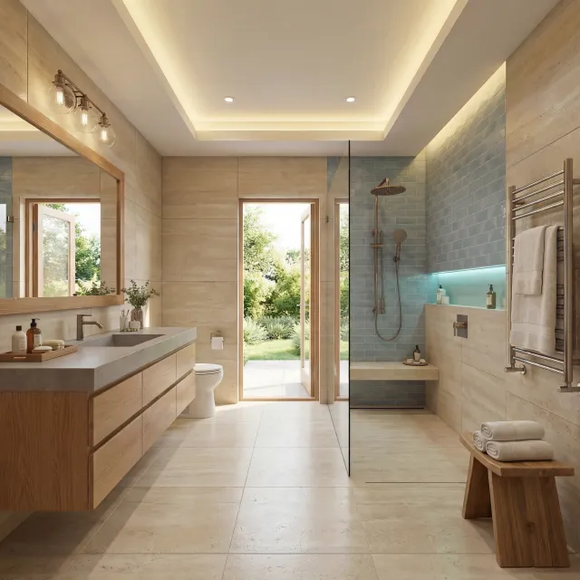 Modern bathroom with glass shower, wooden vanity, bathtub, warm LED lighting, and indoor plants in neutral tones.