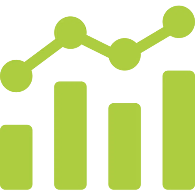 Green bar chart with four vertical bars and connected data points showing upward trend.