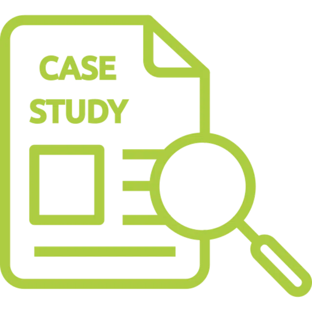 Green line icon of a case study document with a magnifying glass highlighting details on it.