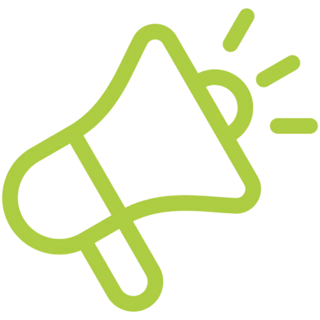 Green outline of a megaphone with sound waves indicating announcement or communication