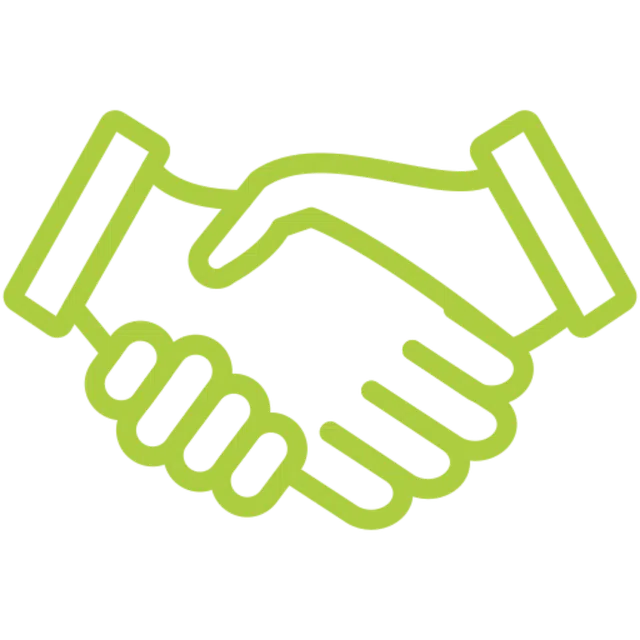 Green outline icon of two hands shaking symbolizing agreement or partnership on a transparent background