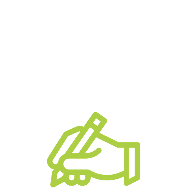 Green outline of a hand holding a pencil poised to write on a transparent background