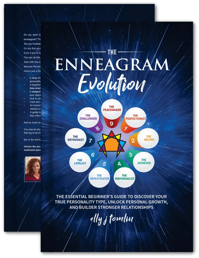 Book cover for The Enneagram Evolution showing nine personality types in a colorful circular diagram on a blue cosmic background.