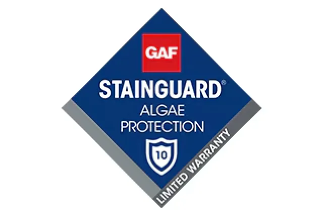 GAF Stainguard Algae Protection logo with 10-year limited warranty shield symbol on a diamond background