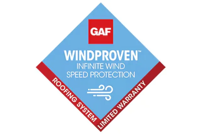 GAF WINDPROVEN roofing system logo with infinite wind speed protection and limited warranty text.