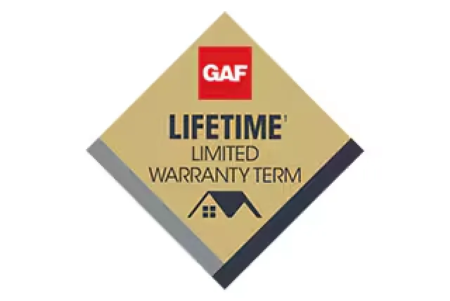 Diamond-shaped GAF warranty badge displaying lifetime limited warranty term with roof icon