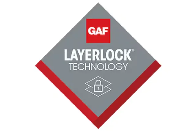 GAF LayerLock Technology logo with a lock icon, gray diamond background, and red accents