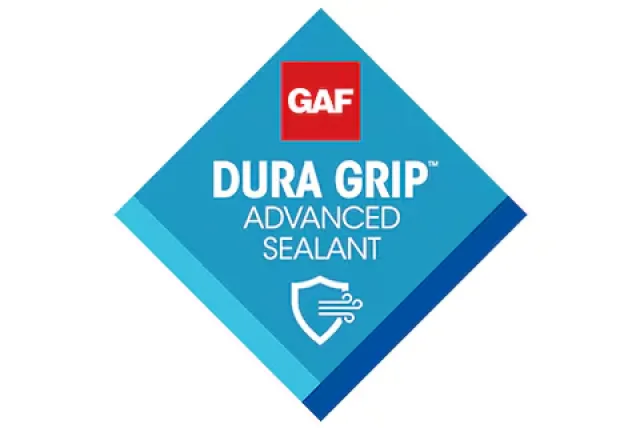 GAF Dura Grip Advanced Sealant logo with shield icon on blue diamond background