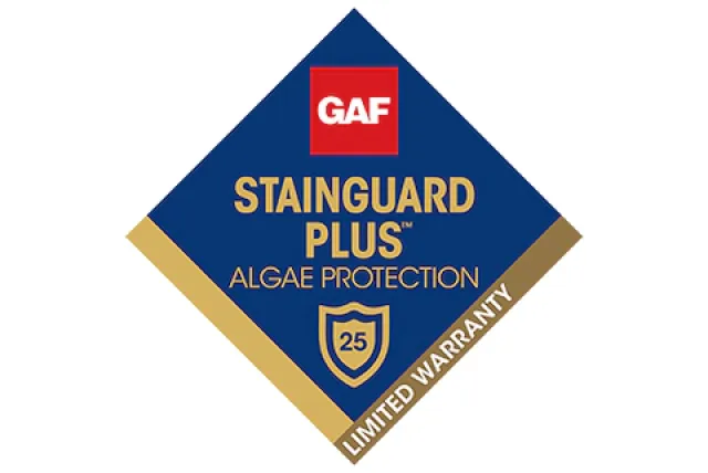 GAF StainGuard Plus Algae Protection logo with 25-year limited warranty shield on blue and gold label.