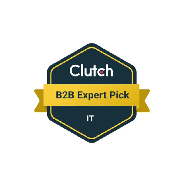 Clutch B2B Expert Pick IT badge with a dark hexagon and yellow ribbon on white background