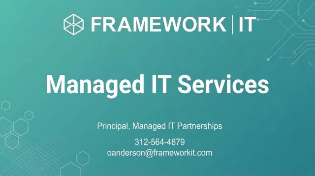 Framework IT Managed IT Services contact card with phone number and email on blue background