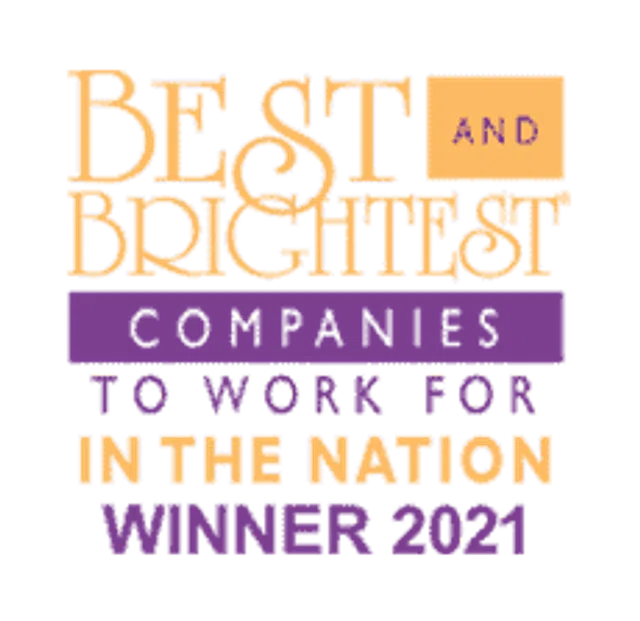 Award graphic for Best and Brightest Companies to Work For Winner 2021 with colorful text.
