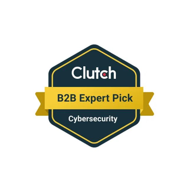 Clutch B2B Expert Pick badge for Cybersecurity with dark hexagon and gold ribbon design