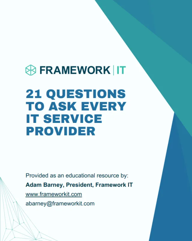Cover page titled 21 Questions to Ask Every IT Service Provider by Framework IT with contact info for Adam Barney.