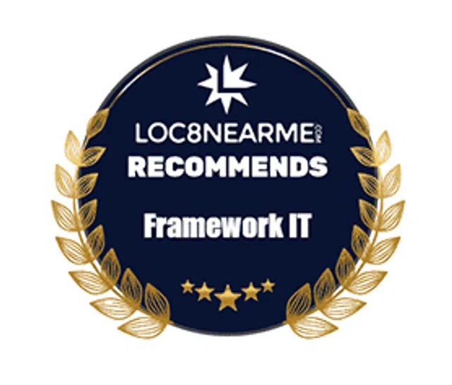 LOC8NEARME recommends Framework IT with a prestigious badge featuring stars and laurel leaves.