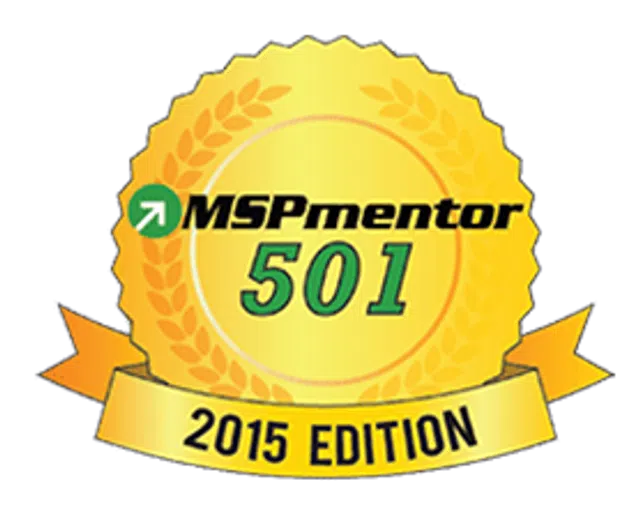 MSPmentor 501 badge highlighting top managed service providers of 2015 with laurel design.