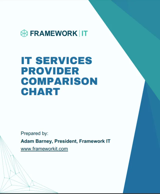 IT services provider comparison chart by Framework IT prepared by Adam Barney with a blue geometric design.
