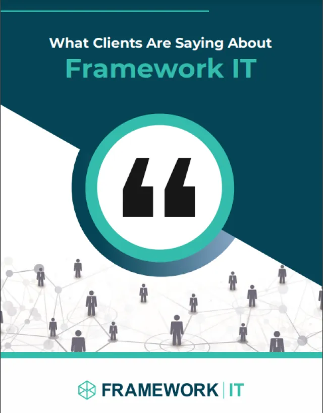 Graphic with client testimonials about Framework IT featuring networked icons of people and quotation marks.