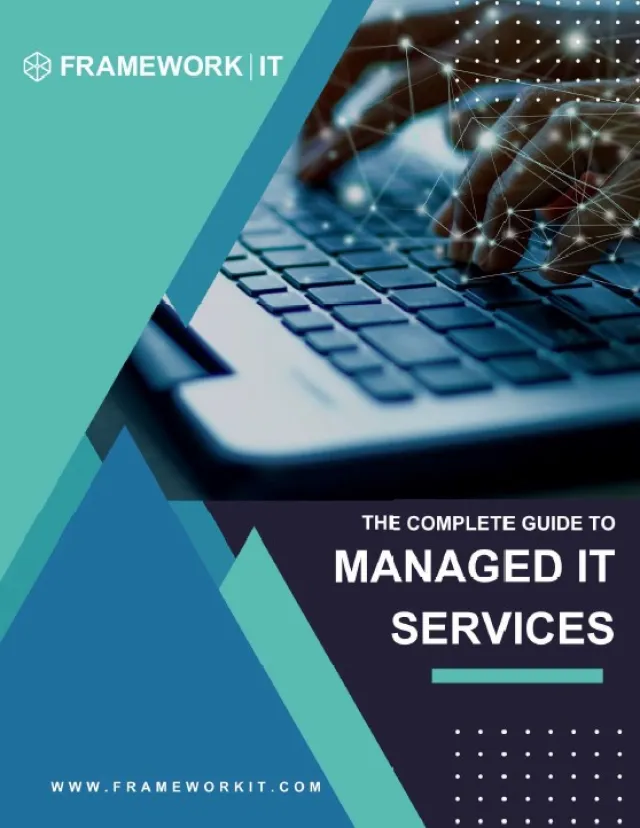 Guide cover for managed IT services featuring a keyboard, connected data nodes, and brand Framework IT.