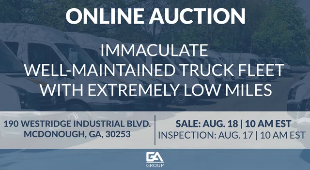 Online auction for immaculate, low-mileage truck fleet at 190 Westridge Industrial Blvd, McDonough, GA on Aug 18.