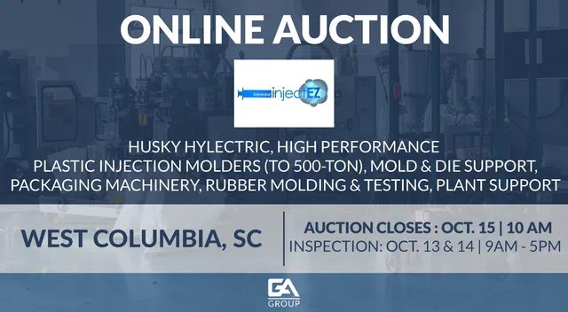 Online auction for Husky Hylectric injection molders and packaging machinery in West Columbia, SC, closing Oct 15.