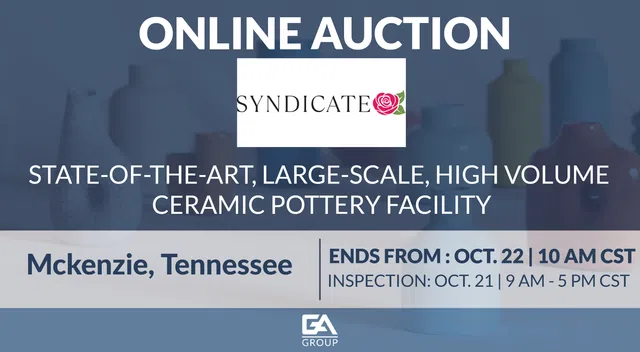 Online auction for Syndicate ceramic pottery facility in McKenzie, Tennessee ending Oct 22 with inspection on Oct 21.