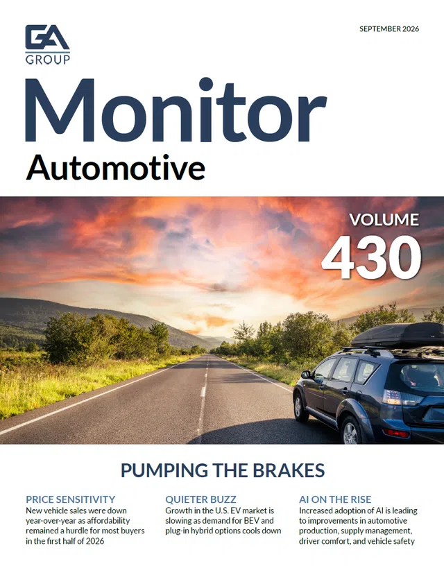 Magazine cover with a car on an open road at sunset, highlighting automotive market trends for 2026 volume 430.